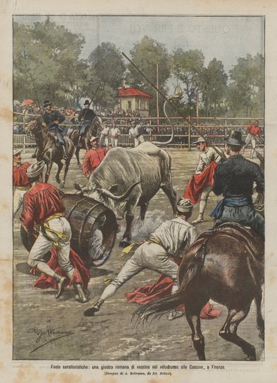 Charakteristische Feste, ein römisches Stierkampfturnier im Velodrom der Cascine in Florenz von Achille Beltrame