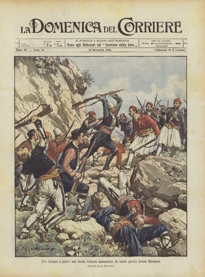 Zwischen Bulgaren und Griechen, eine bulgarische Bande von griechischen Banden bei Saloniki massakriert von Achille Beltrame