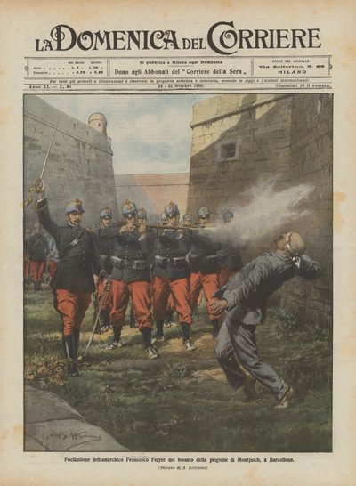 Erschießung des Anarchisten Francesco Ferrer im Graben des Gefängnisses von Montjuich in Barcelona von Achille Beltrame