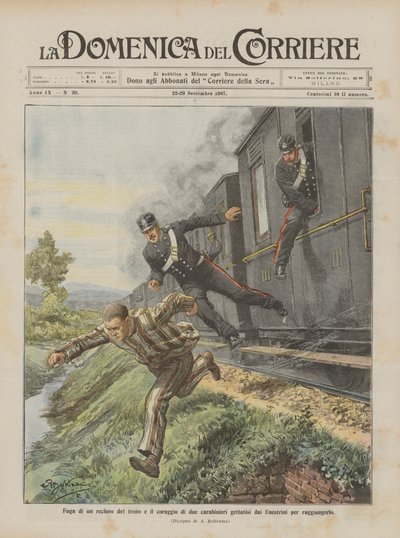 Flucht eines Gefangenen aus dem Zug und der Mut zweier Carabinieri, die aus den Fenstern sprangen, um ihn zu erreichen von Achille Beltrame