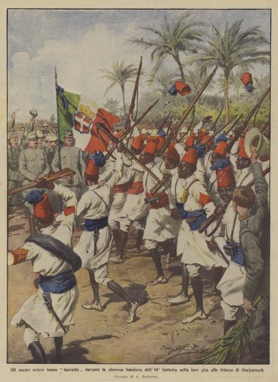 Die eritreischen Askaris paradieren vor der ruhmreichen Fahne des 84. Infanterieregiments während ihres Ausflugs von Achille Beltrame