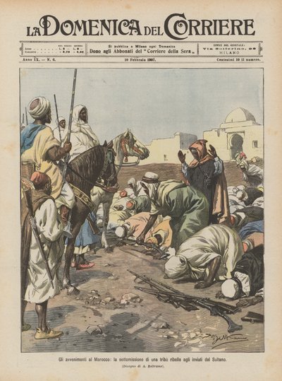 Die Ereignisse in Marokko, die Unterwerfung eines rebellischen Stammes durch die Gesandten des Sultans von Achille Beltrame