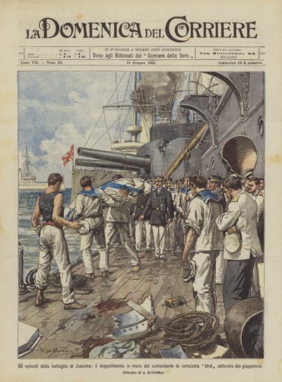 Episoden der Schlacht von Tsushima, die Seebestattung des Kommandanten des Schlachtschiffs Orel von Achille Beltrame