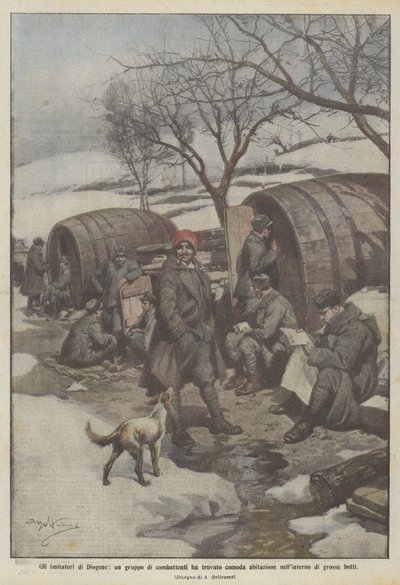 Die Nachahmer von Diogenes, eine Gruppe von Kämpfern hat eine bequeme Unterkunft in großen Fässern gefunden von Achille Beltrame