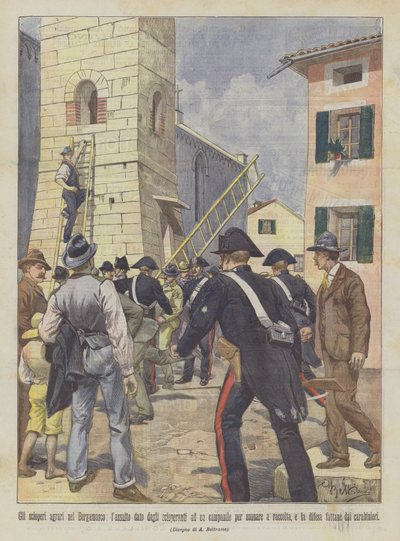 Die landwirtschaftlichen Streiks in Bergamo, der Angriff der Streikenden auf einen Glockenturm von Achille Beltrame