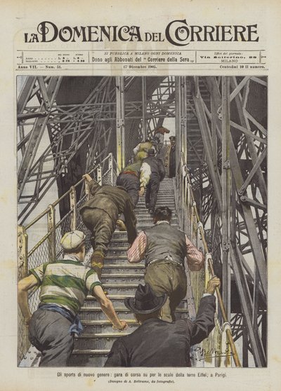 Die neuen Sportarten, Treppenlaufwettbewerb auf dem Eiffelturm in Paris von Achille Beltrame
