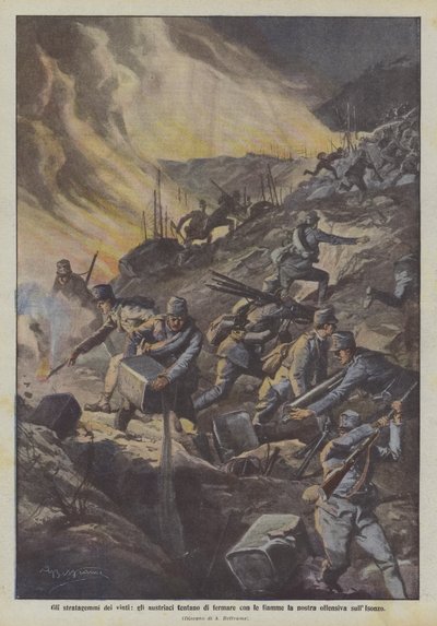 Die Tricks der Besiegten, die Österreicher versuchen, unsere Offensive am Isonzo mit Flammen zu stoppen von Achille Beltrame