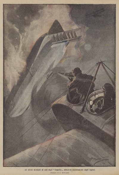 Die letzten Momente eines der kürzlich von den Engländern abgeschossenen Zeppeline von Achille Beltrame