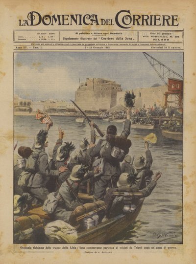 Allmählicher Rückzug der Truppen aus Libyen, freudiger und bewegender Abschied der Soldaten aus Tripolis nach einem Jahr Krieg von Achille Beltrame