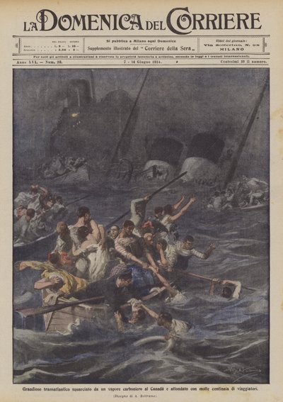 Großes Transatlantikschiff, das von einem Kohledampfer in Kanada gerammt und mit vielen Menschen an Bord gesunken ist von Achille Beltrame
