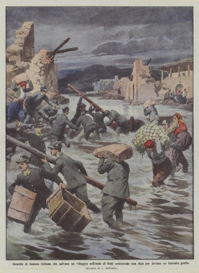 Italienische Finanzwachen retten ein Dorf auf der Insel Rhodos, indem sie einen Damm bauen von Achille Beltrame