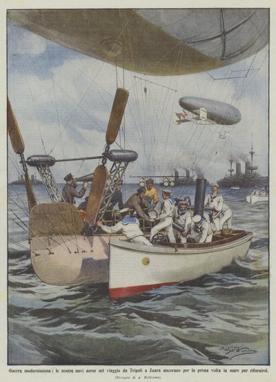 Modernster Krieg, unsere Luftschiffe auf der Reise von Tripolis nach Zuara ankern zum ersten Mal von Achille Beltrame