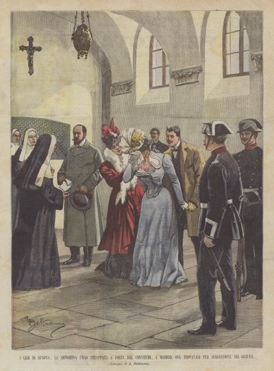 Die Fälle von Spanien, Fräulein Ubao wird gewaltsam aus dem Kloster in Madrid herausgeholt, wo sie sich befand von Achille Beltrame