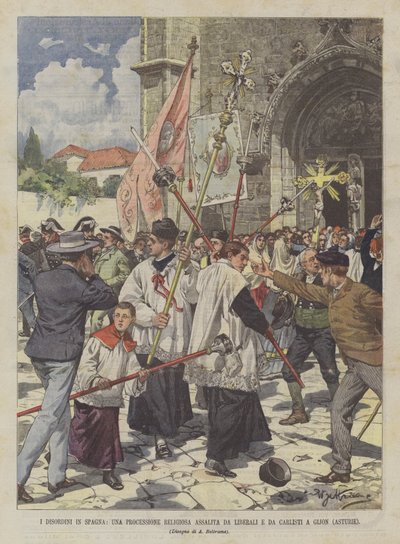 Die Unruhen in Spanien, ein religiöser Umzug von Liberalen und Karlisten in Gijon (Asturien) angegriffen von Achille Beltrame