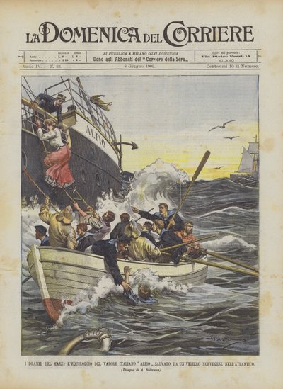 Die Dramen des Meeres, die Besatzung des italienischen Dampfers Alfio wird von einem norwegischen Segelschiff im Atlantik gerettet von Achille Beltrame