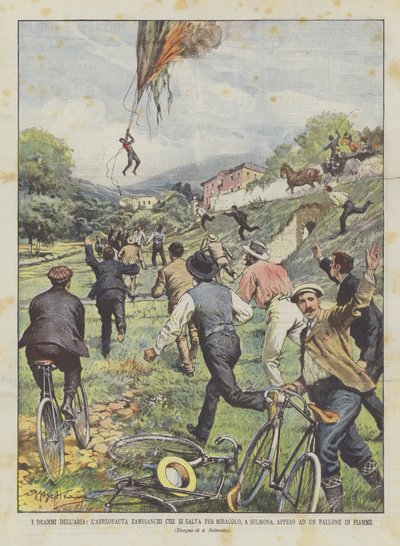 Die Dramen der Luft, der Aeronaut Zambianchi rettet sich in Sulmona, an einem brennenden Ballon hängend von Achille Beltrame