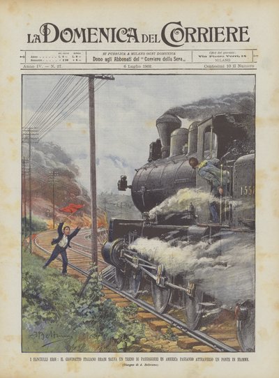 Die Heldenkinder, der junge Italiener Bradi rettet einen Passagierzug in Amerika von Achille Beltrame