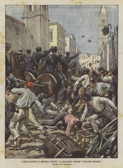 Die schweren Unruhen von Cerignola (Foggia), die Kavallerie zerstreut die aufständischen Bauern von Achille Beltrame