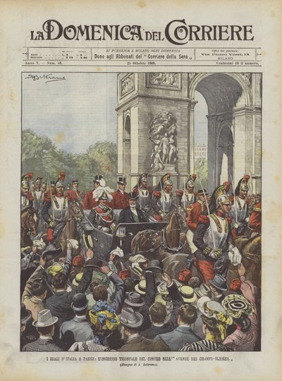 Die italienischen Royals in Paris, der triumphale Einzug des Zuges in die Avenue des Champs-Elysees von Achille Beltrame