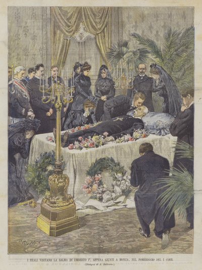 Die Könige besuchen den Leichnam von Umberto I. bei ihrer Ankunft in Monza am Nachmittag des 1. dieses Monats von Achille Beltrame