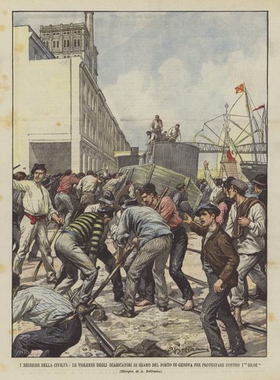 Die Rückschritte der Zivilisation, die Gewalt der Getreideentlader im Hafen von Genua gegen die Silos von Achille Beltrame