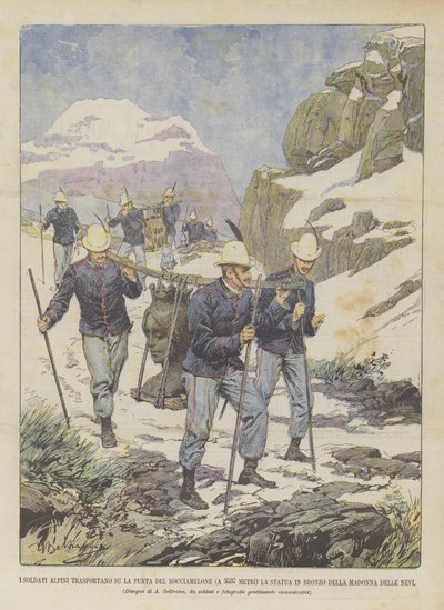 Die Alpini-Soldaten Transportieren Auf Die Spitze Des Rocciamelone (3537 Meter) Die Bronzestatue Der ? von Achille Beltrame
