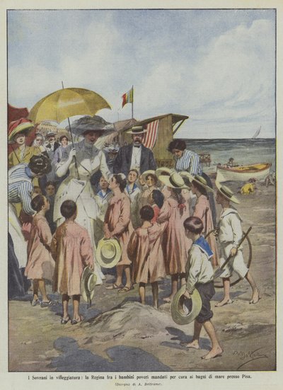 Die Monarchen im Urlaub, die Königin unter den armen Kindern, die zur Erholung an die Küste bei Pisa geschickt wurden von Achille Beltrame