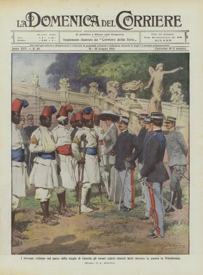 Die Monarchen besuchen im Park des Palastes von Caserta die eritreischen Askaris, die während des Krieges verwundet wurden von Achille Beltrame