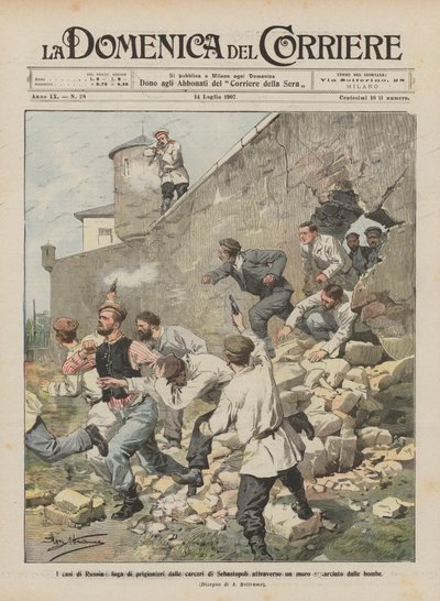 Die Fälle von Russland, Flucht von Gefangenen aus den Gefängnissen von Sewastopol durch eine von Bomben aufgerissene Mauer von Achille Beltrame