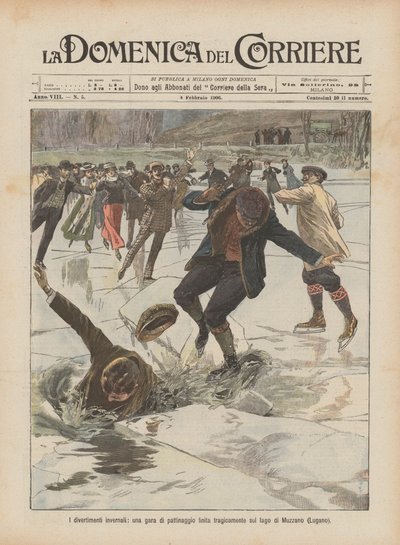 Die Wintervergnügungen, ein Eislaufwettbewerb, der tragisch auf dem Muzzano-See (Lugano) endet von Achille Beltrame