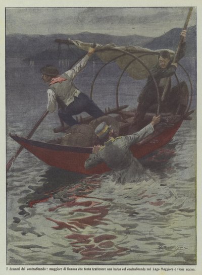 Die Dramen des Schmuggels, ein Finanzmajor versucht ein Schmuggelboot aufzuhalten von Achille Beltrame