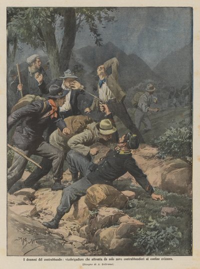 Die Dramen des Schmuggels, ein Unteroffizier stellt sich allein neun Schmugglern an der Schweizer Grenze von Achille Beltrame