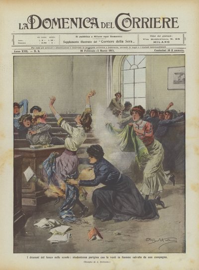 Die Dramen des Feuers in Schulen, Pariser Schülerin mit brennender Kleidung von einer Mitschülerin gerettet von Achille Beltrame