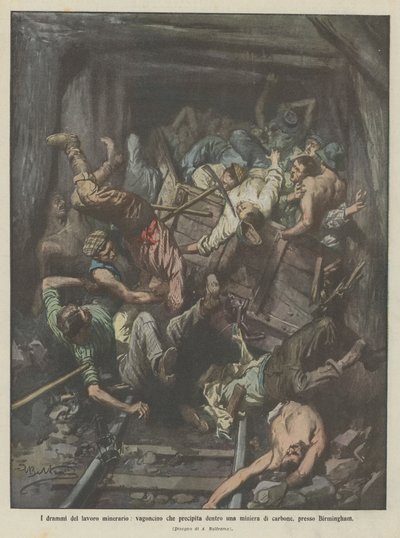 Die Dramen der Bergbauarbeit, Wagen stürzt in eine Kohlenmine bei Birmingham von Achille Beltrame
