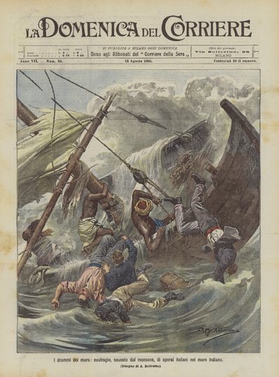 Die Dramen des Meeres, Schiffbruch durch den Monsun verursacht, von italienischen Arbeitern im Indischen Ozean von Achille Beltrame