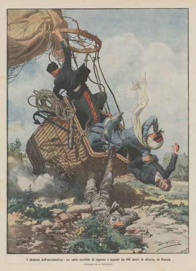 Die Dramen der Luftfahrt, ein schrecklicher Sturz von Damen und Herren aus 800 Metern Höhe in Russland von Achille Beltrame