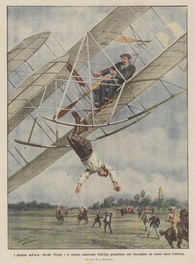 Die Dramen der Luft, Orville Wright und der amerikanische Leutnant Selfridge stürzen mit dem Flugzeug ab von Achille Beltrame