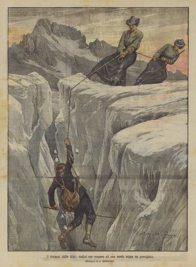 Die Dramen der Alpen, zwölf Stunden an einem Seil über einem Abgrund hängend von Achille Beltrame