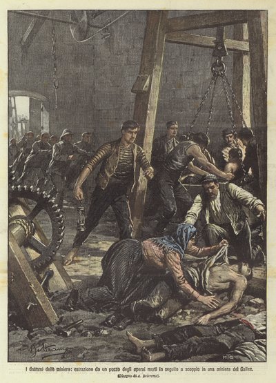 Die Dramen der Bergwerke, Bergleute werden nach einer Explosion in einem walisischen Bergwerk aus einem Schacht geborgen von Achille Beltrame