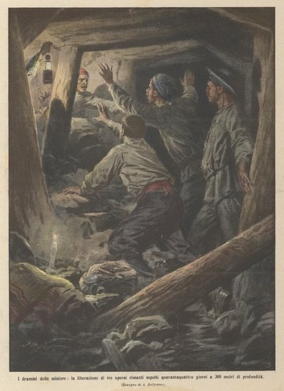 Die Dramen der Bergwerke, die Befreiung von drei Arbeitern, die vierundvierzig Tage lang in 300 Metern Tiefe begraben waren von Achille Beltrame