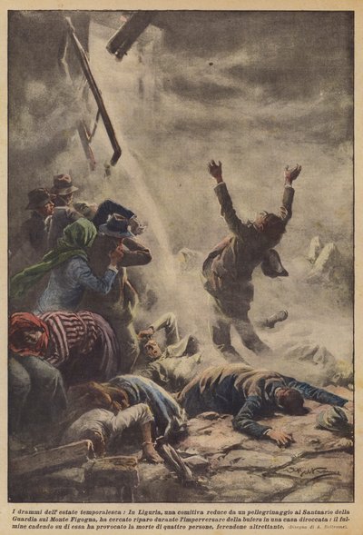 Die Dramen des stürmischen Sommers, in Ligurien, eine Gruppe nach einer Pilgerreise von Achille Beltrame