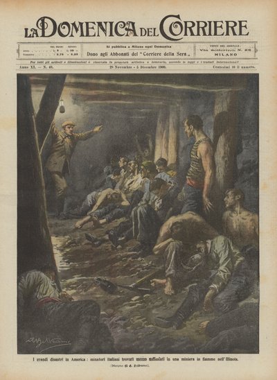 Die großen Katastrophen in Amerika, italienische Bergleute halb erstickt in einem brennenden Bergwerk in Illinois gefunden von Achille Beltrame