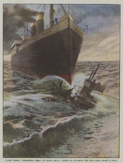 Die großen Katastrophen, ein deutsches Transatlantikschiff rammt und versenkt ein U-Boot von Achille Beltrame