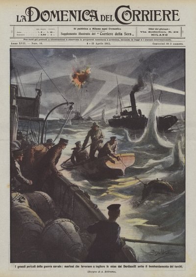 Die großen Gefahren des Seekriegs, Matrosen, die Minen aus den Dardanellen entfernen von Achille Beltrame