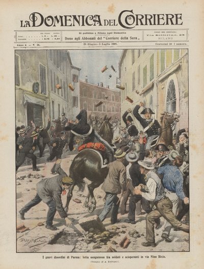Die schweren Unruhen in Parma, blutiger Kampf zwischen Soldaten und Streikenden in der Via Nino Bixio von Achille Beltrame
