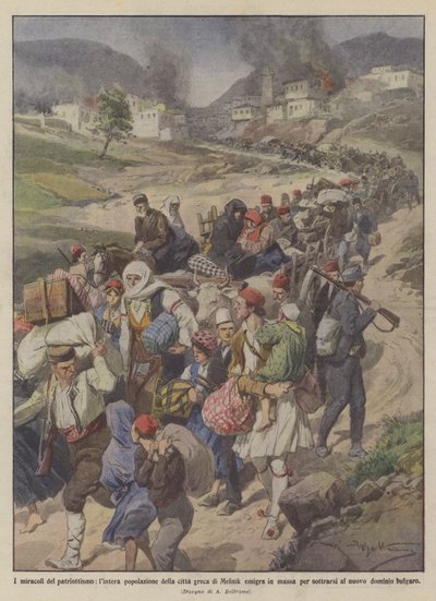 Die Wunder des Patriotismus, die gesamte Bevölkerung der griechischen Stadt Melnik emigriert von Achille Beltrame