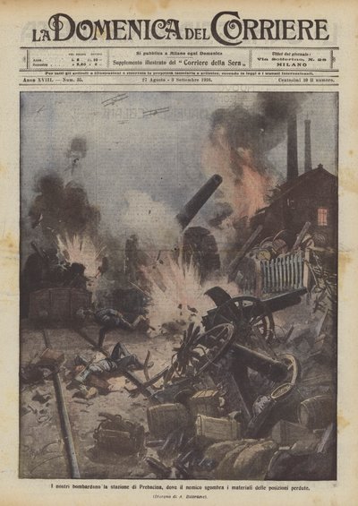 Unsere Truppen bombardieren den Bahnhof von Prebacina, wo der Feind Material von verlorenen Positionen räumt von Achille Beltrame