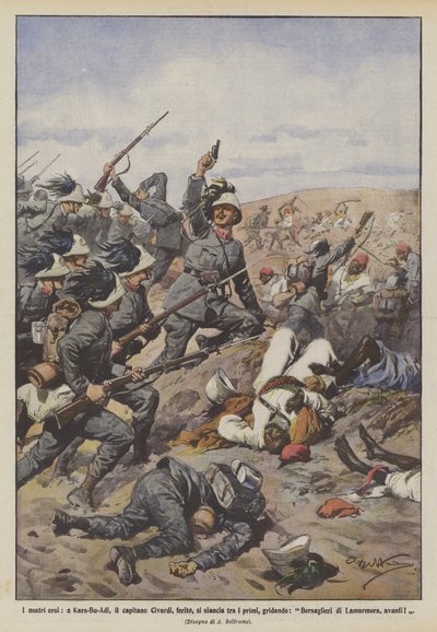 Unsere Helden, in Kars-Bu-Adi, Hauptmann Civardi, verwundet, stürmt unter den Ersten voran von Achille Beltrame
