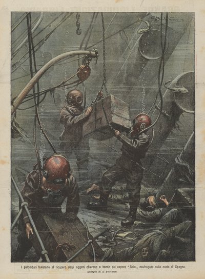 Die Taucher arbeiten an der Bergung der Gegenstände, die an Bord des vor der spanischen Küste gesunkenen Dampfers Sirio waren von Achille Beltrame