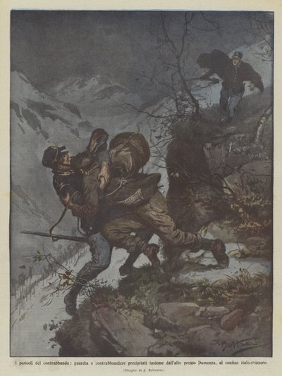 Die Gefahren des Schmuggels, Wache und Schmuggler stürzen zusammen in die Tiefe von Achille Beltrame